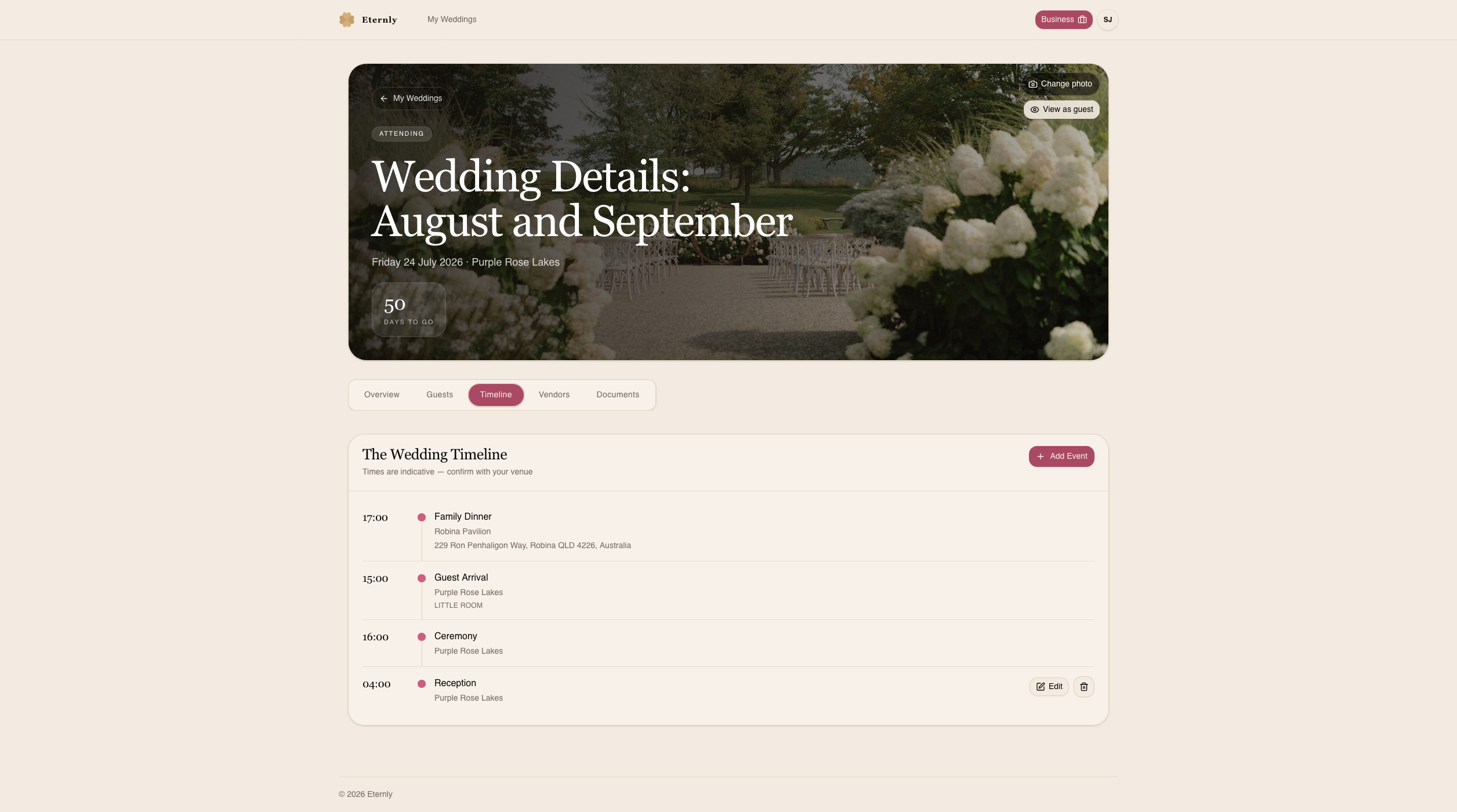 Couple wedding timeline with day-of events