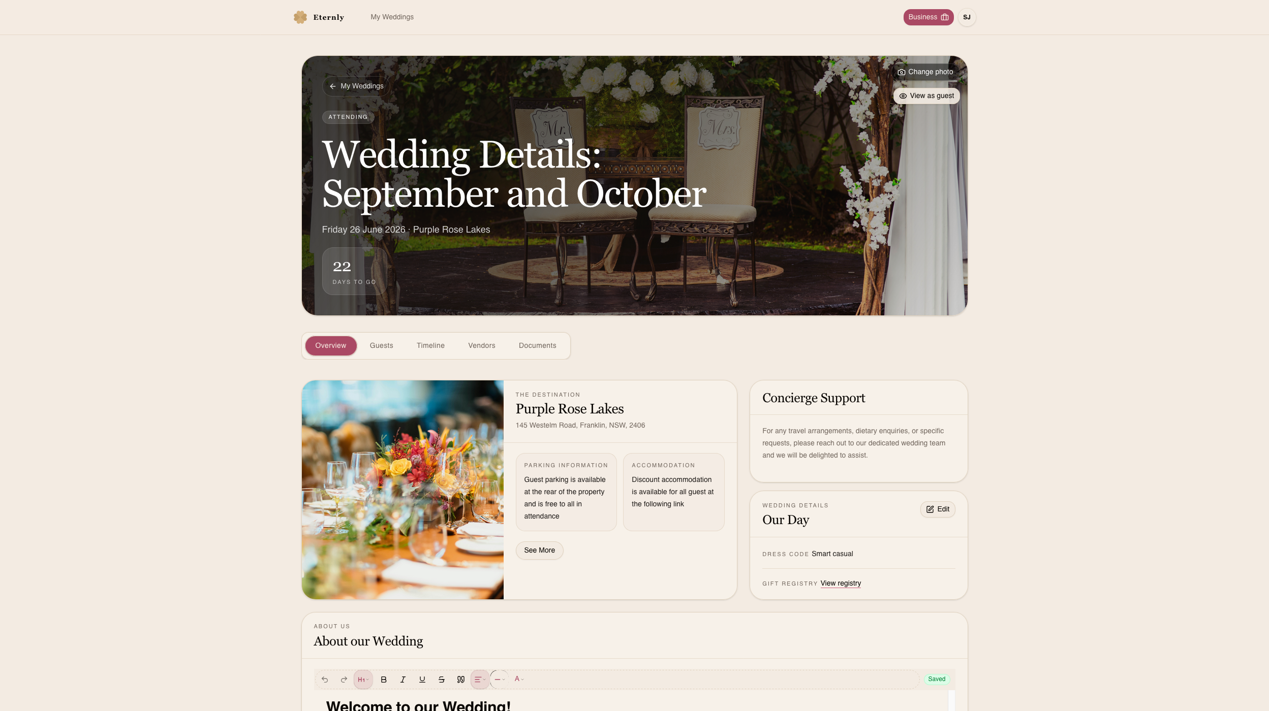 Couple wedding dashboard with venue details and schedule