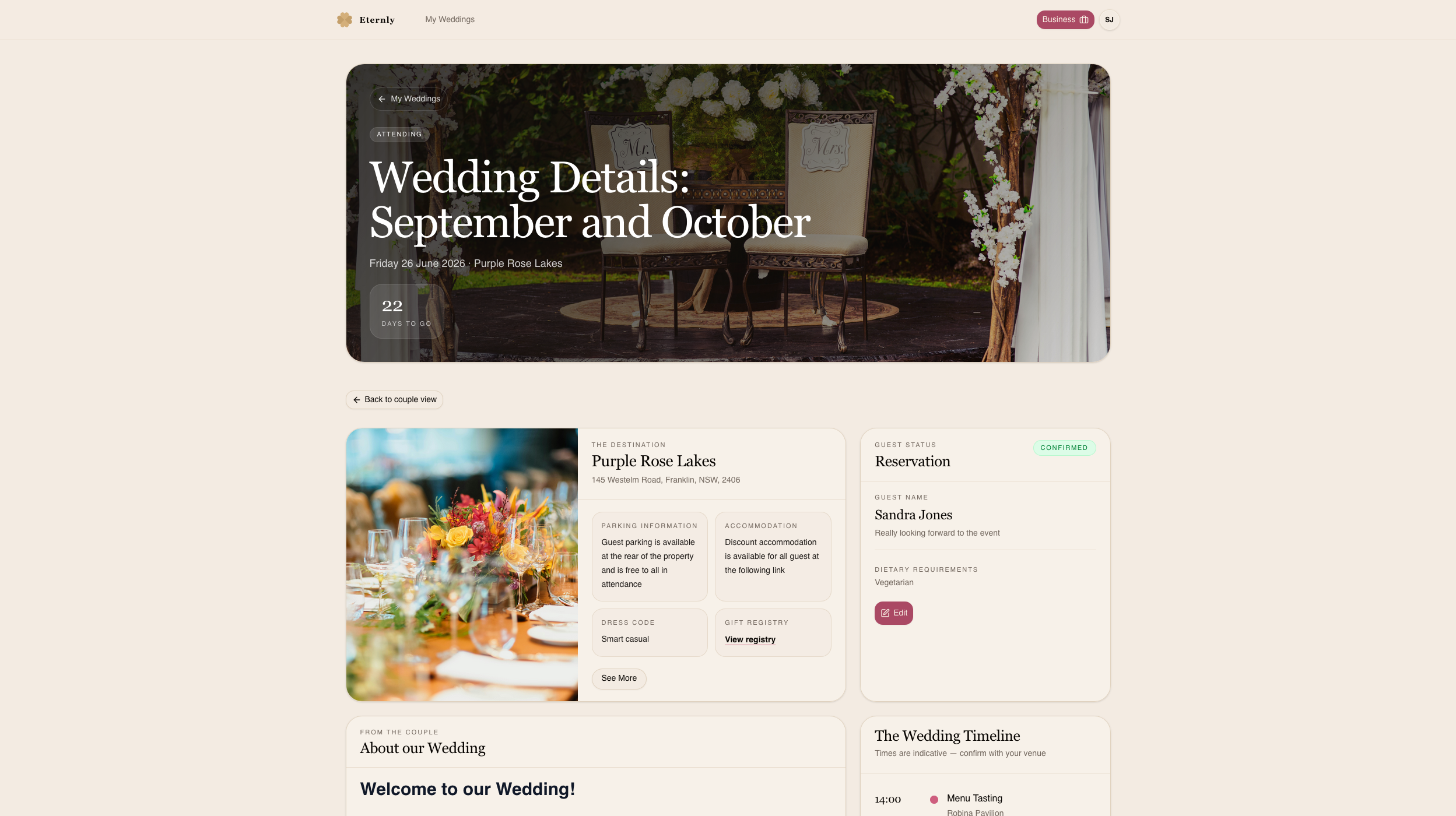 Guest wedding details with venue information