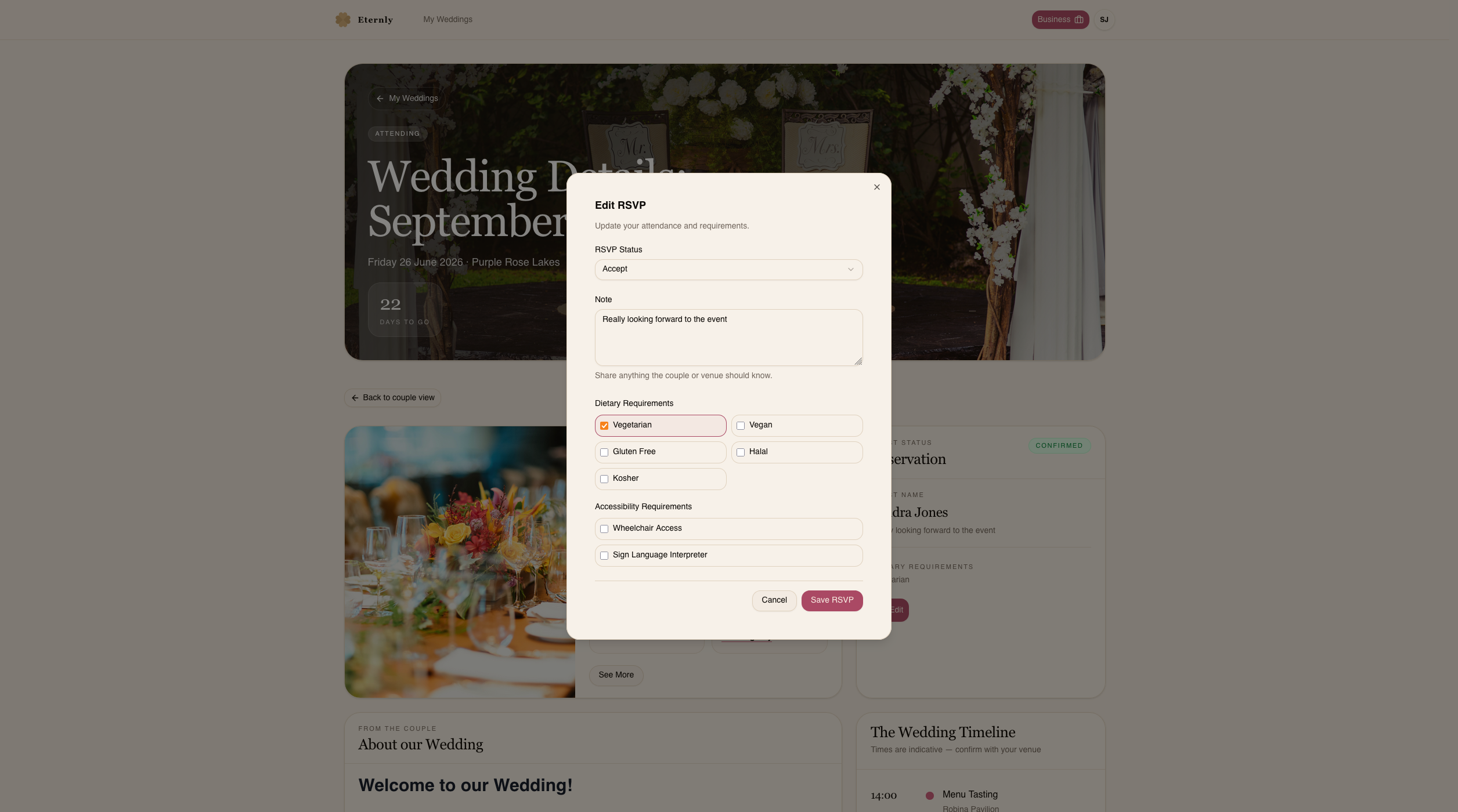 Guest RSVP form with dietary requirements