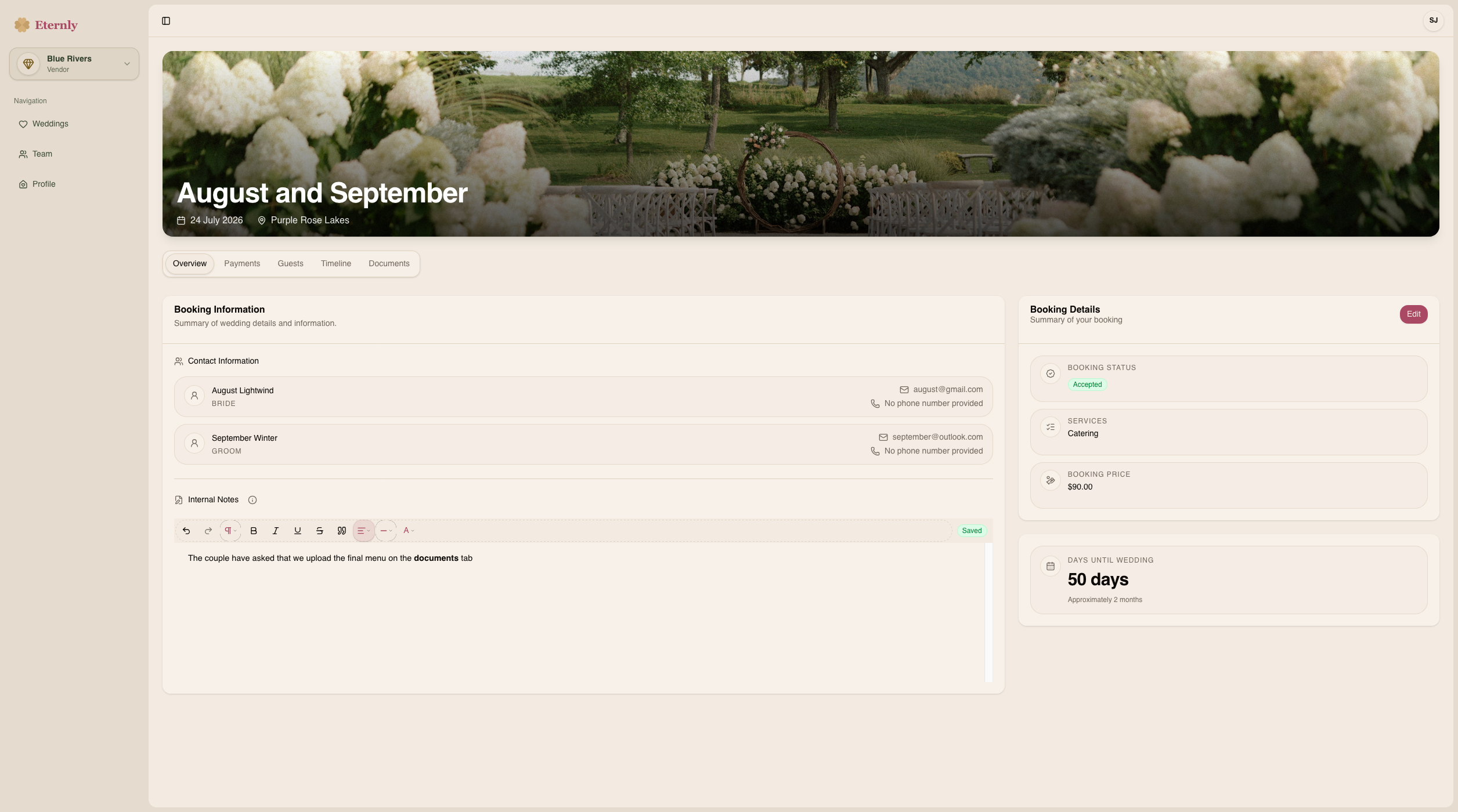 Vendor wedding detail with booking information