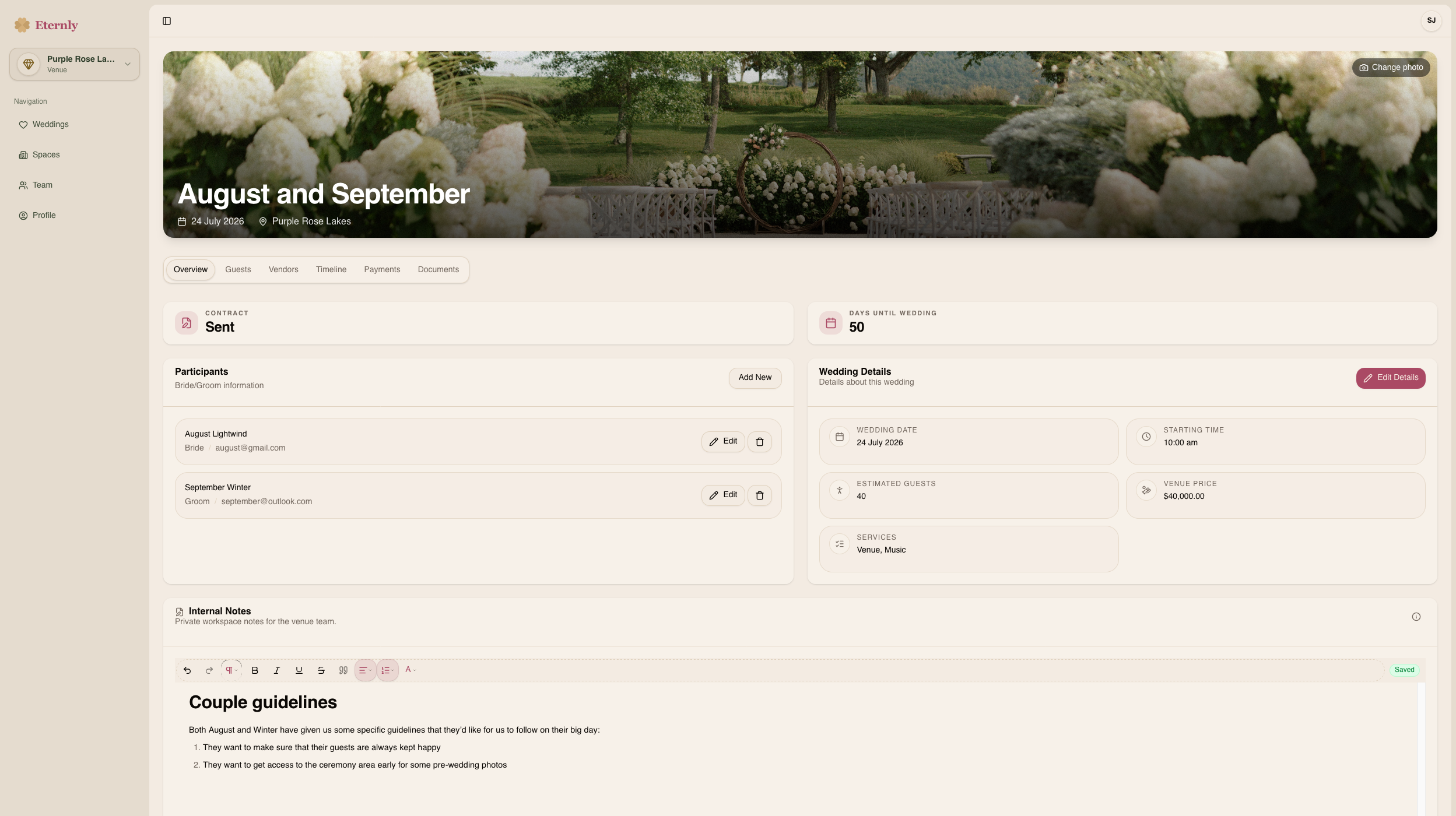 Venue wedding file with booking details