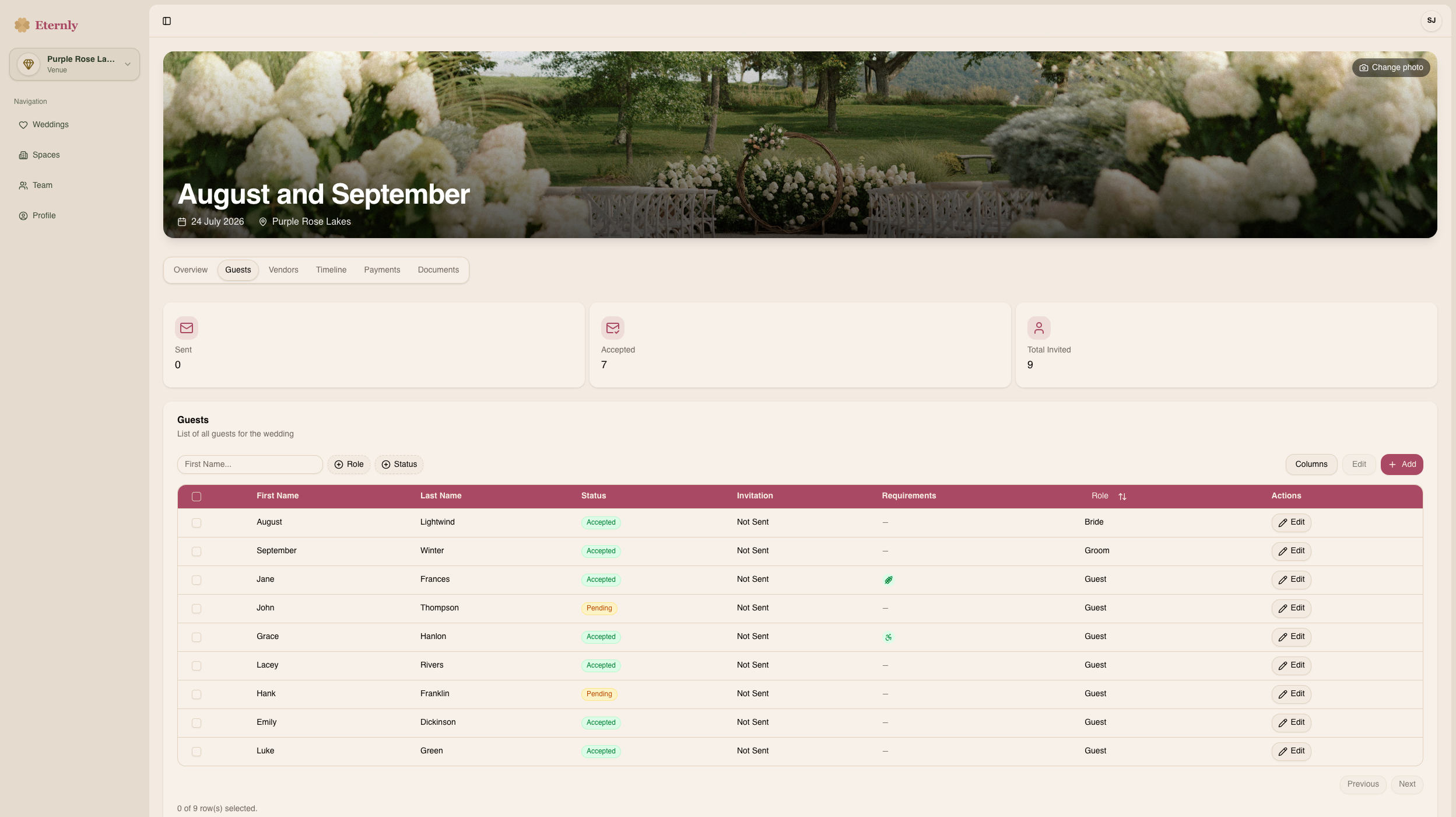 Venue guest list with RSVP and dietary tracking