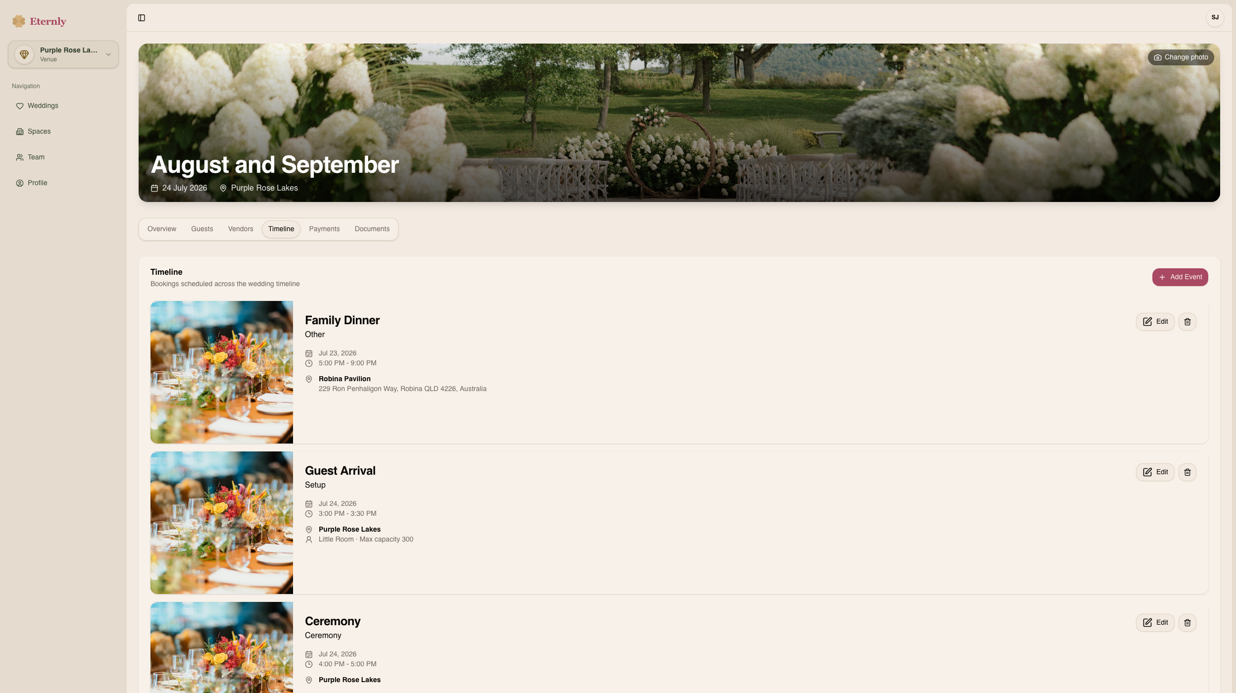 Venue wedding timeline with scheduled events